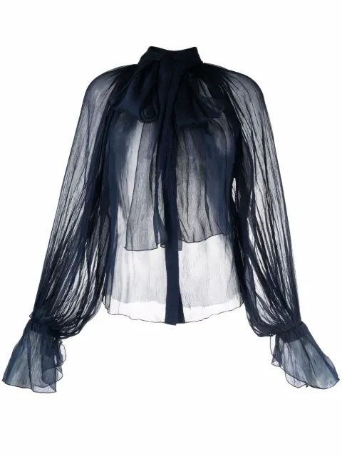 Atu Body Couture sheer pussy-bow silk blouse Blue AT22109
