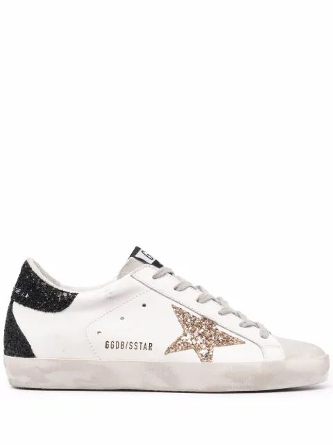 Golden Goose Super-Star trainers in nappa leather with gold glitter star and black glitter heels tab White GWF00102F000959