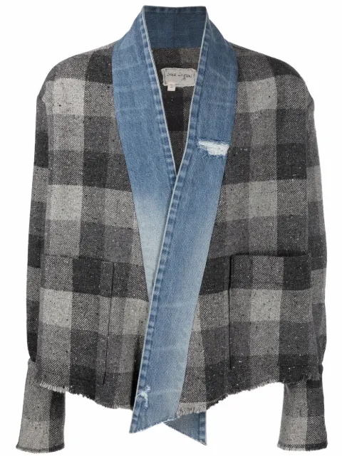 Greg Lauren denim-trim checked shirt jacket Grey CM011