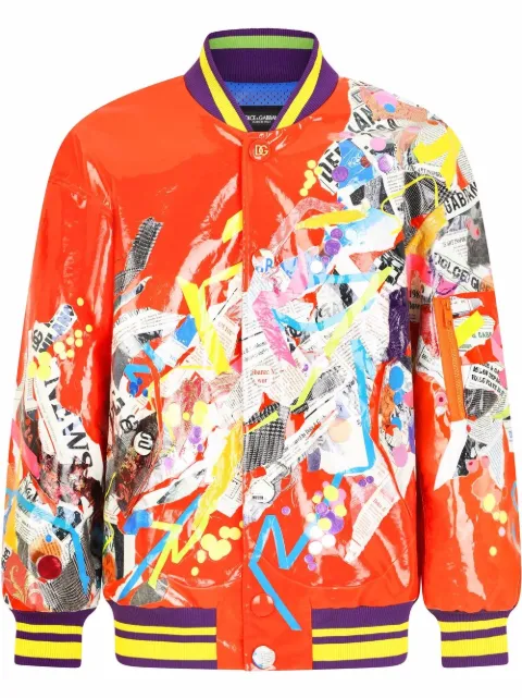 Dolce & Gabbana newspaper-print graffiti-style bomber jacket Orange G9XD7ZFUM86