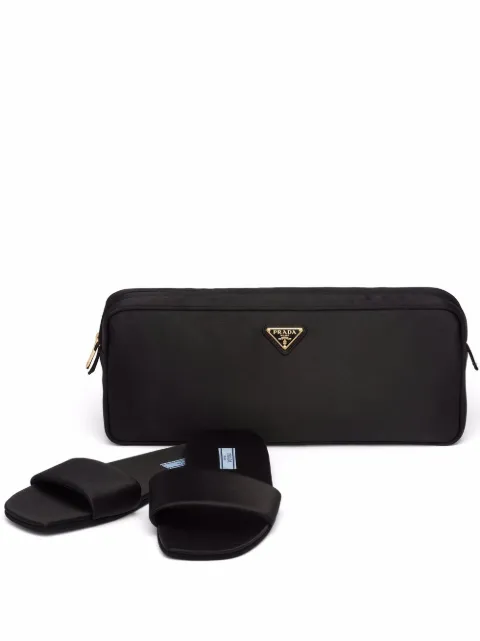 Prada silk satin slippers and travel pouch Black 1RK001049