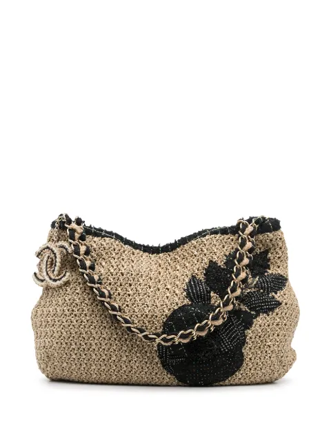 CHANEL Pre-Owned Camélia patch woven shoulder bag Neutrals WB2941