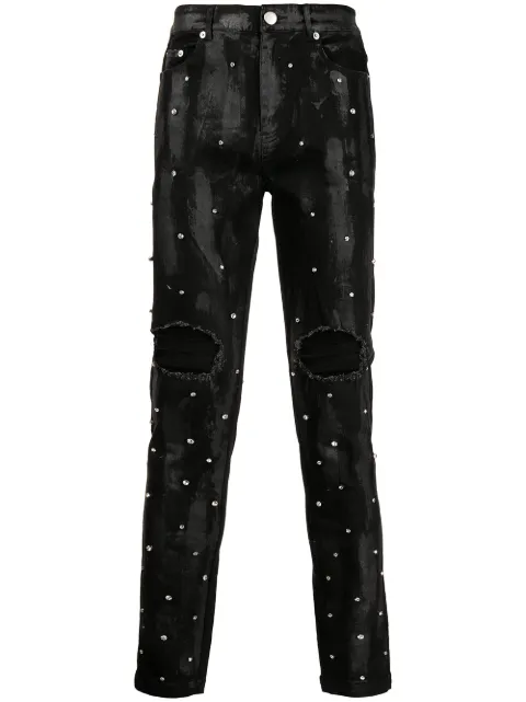 God's Masterful Children Harley distressed wax-appliqué jeans Black GMC02BBJ05S
