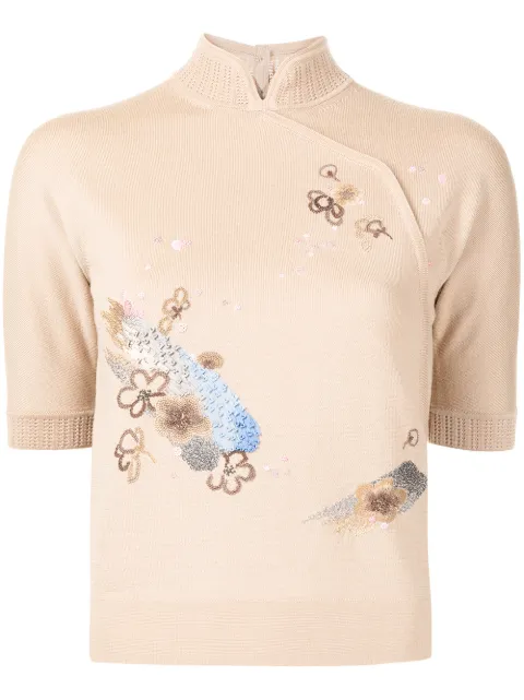 SHIATZY CHEN embroidered band collar knitted top Brown 619138