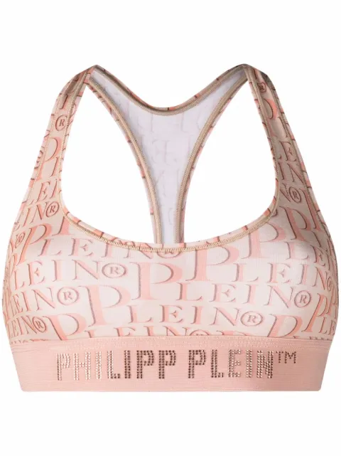 Philipp Plein logo-print studded bra Neutrals SABCWUZ0044PJO002N