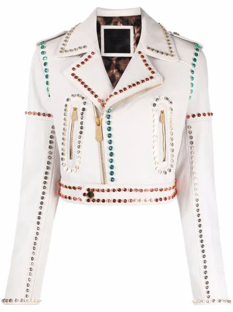 Philipp Plein crystal-trim studded cropped biker jacket White SABCWLB0902PLE010N