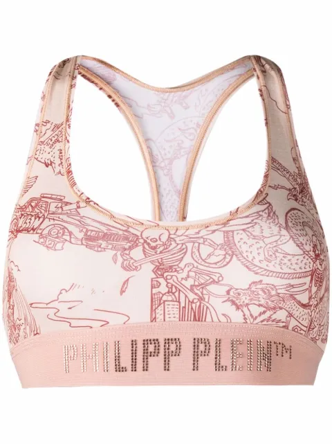 Philipp Plein logo-underband skeleton-print bra Orange SABCWUZ0043PTE003N