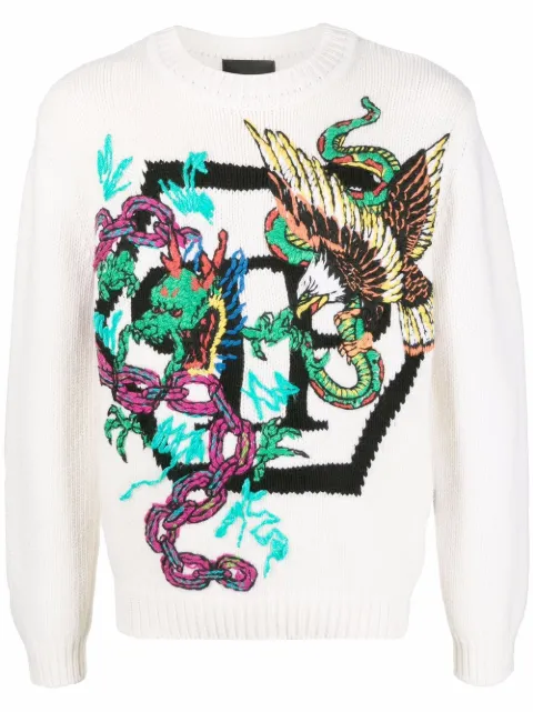 Philipp Plein patterned intarsia-knit jumper White SABCUKO0009PKN002N