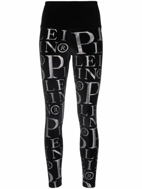 Philipp Plein Velvet logo-print high-waisted leggings Black SABCWRT1041PTE003N