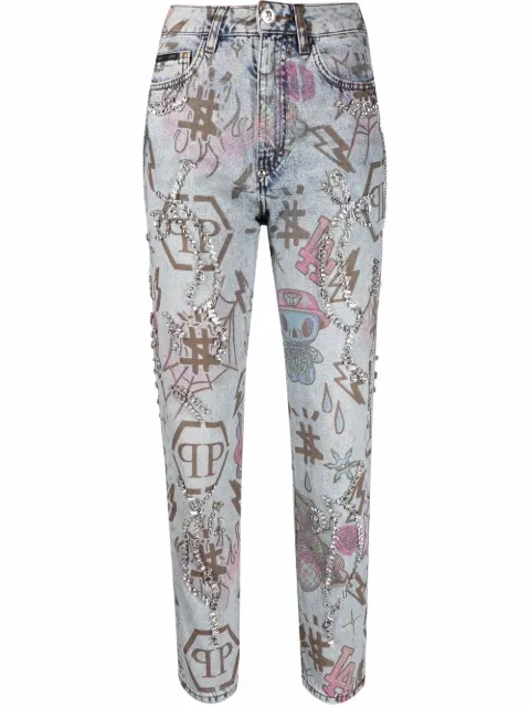 Philipp Plein tattoo-monogram boyfriend jeans Blue SABCWDT1831PDE004N