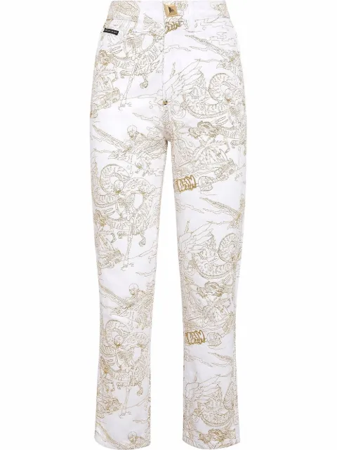 Philipp Plein skeleton-print cropped jeans White SABCWDT1826PDE004N