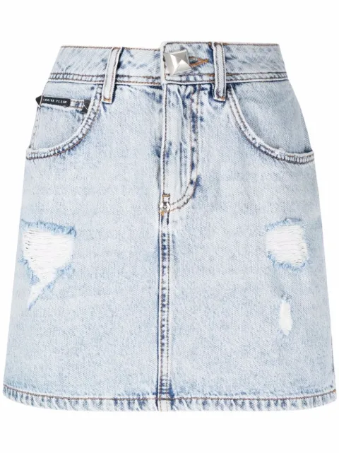 Philipp Plein stud-detailing distressed mini denim skirt Blue SABCWDV0123PDE004N