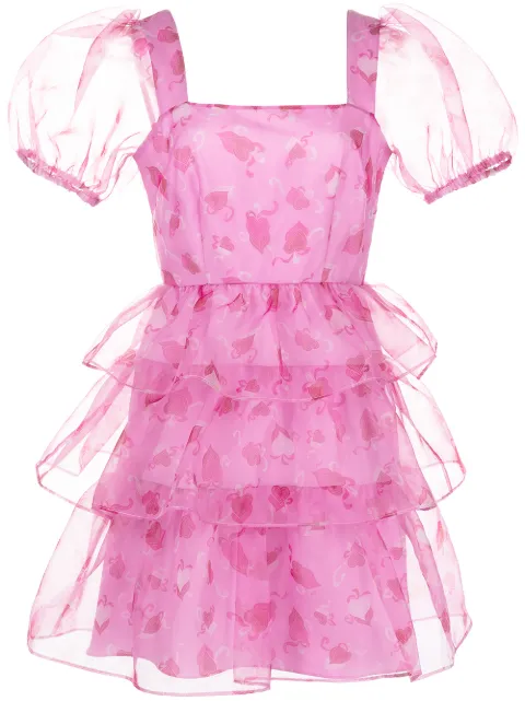HVN heart-print tiered mini dress Pink R211705