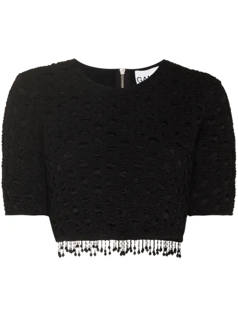GANNI beaded tassels crochet crop top Black F6566