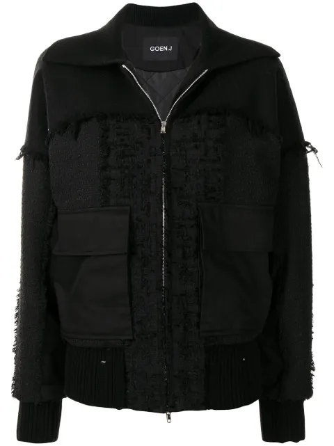 Goen.J frayed tweed patchwork bomber jacket Black GJ21AWJK02