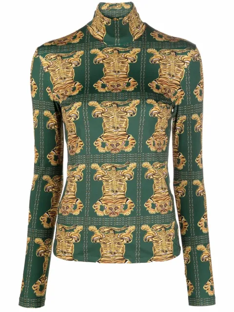 La DoubleJ tiger tile-print turtleneck top Green SHI0030JER005TIG0003