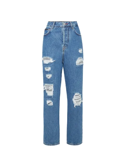 Philipp Plein distressed crystal-embellished jeans Blue AAACWDT1748PDE004N