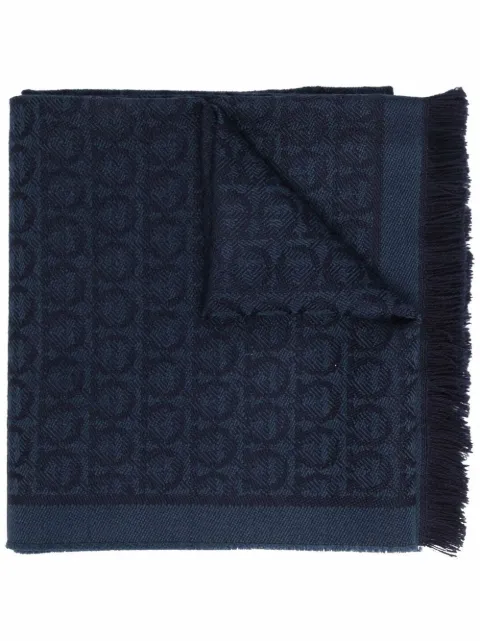 Ferragamo Gancini-pattern frayed scarf Blue 743206