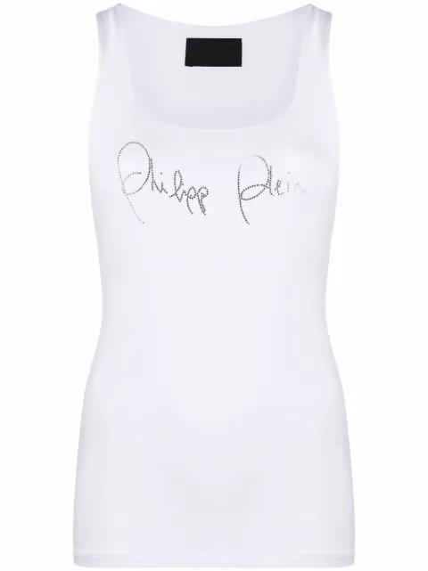 Philipp Plein rhinestone-logo tank top White PAACWTK2424PJO002N