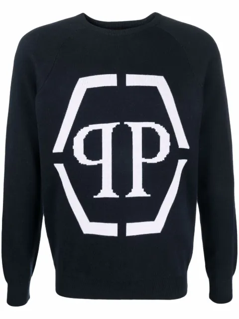 Philipp Plein intarsia-logo crewneck sweater Blue PAACMKO1105PKN002N