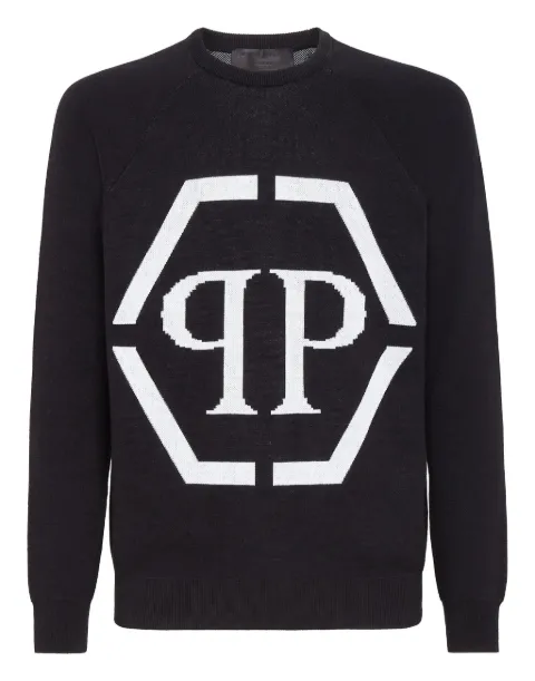 Philipp Plein intarsia-logo crewneck jumper Black PAACMKO1105PKN002N