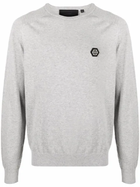 Philipp Plein logo-patch cotton jumper Grey PAACMKO1104PKN002N