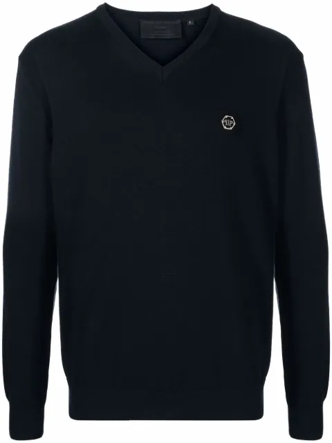 Philipp Plein logo-patch V-neck jumper Blue PAACMKO1103PKN002N