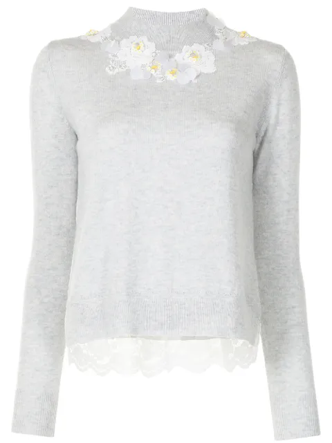 Onefifteen floral- appliqué mock-neck knitted jumper Grey CA1104B