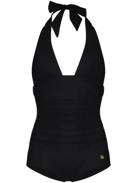 Dolce & Gabbana logo-plaque halterneck swimsuit Black O9A06JFUGA2