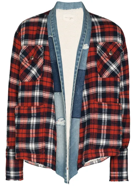 Greg Lauren plaid flannel and denim cardigan Blue CM135