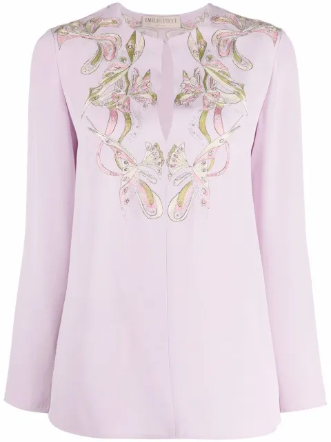 PUCCI Farfalle-embroidered long-sleeve top Neutrals 2ERL022E657