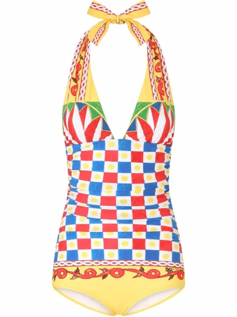 Dolce & Gabbana Carretto-print plunge-neck swimsuit Yellow O9A06JFPG6A
