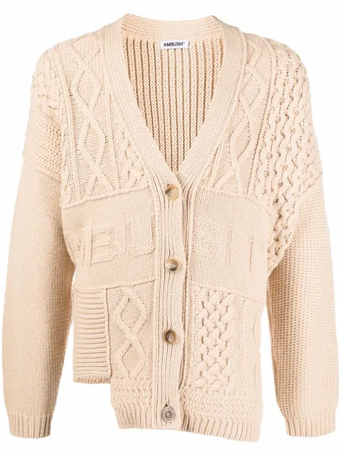 AMBUSH patchwork-knit logo-detail cardigan Neutrals BWHB008F21KNI0011919