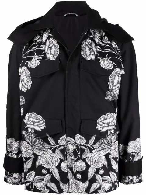 Valentino Garavani Dark Blooming-print hooded jacket Black VCJF957J9