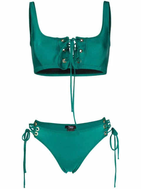 Noire Swimwear lattice-strap metallic bikini set Green NSW204GREENTEALCROPTOPLOWRISEBIKINI