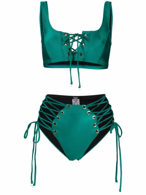 Noire Swimwear lattice-strap metallic bikini set Green NSW197