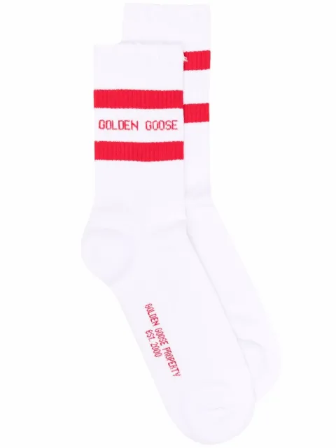 Golden Goose logo-intarsia ribbed-knit ankle socks White GUP00883P000487