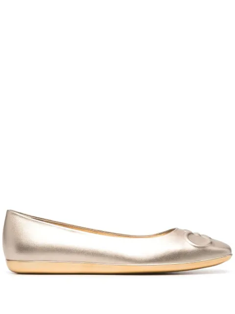Ferragamo Gancini-motif square-toe ballerina shoes Gold 742966