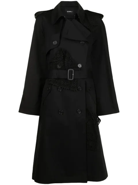 Goen.J double-breasted lace-paneled trench coat Black GJ21SSCT01
