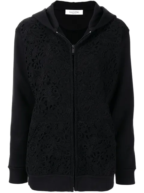 Valentino Garavani floral-embroidery logo-print zip-up hoodie Black BMF09P6E9