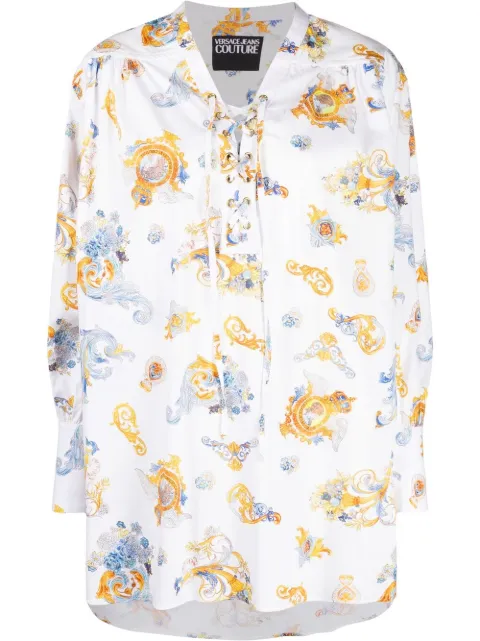 Versace Jeans Couture Barocco-print lace-up shirt White B0HWA609SR500