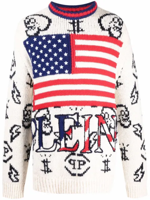 Philipp Plein USA Flag-print crew neck jumper Neutrals AAACMKO1032PKN002N