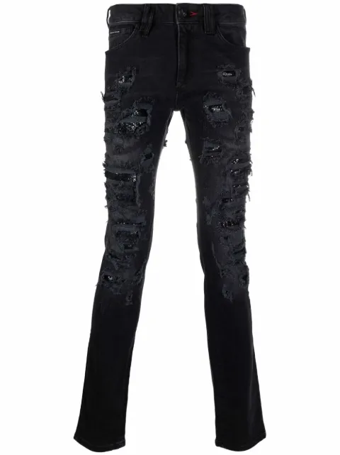 Philipp Plein mesh ripped-detail jeans Black FAACMDT2556PDE004N