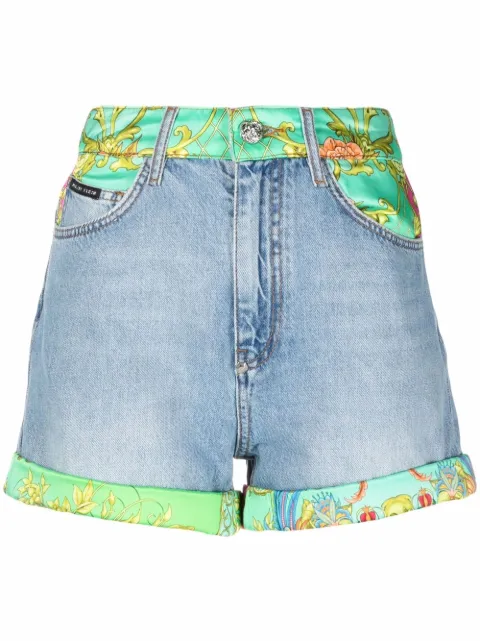 Philipp Plein New Baroque-print panelled denim shorts Blue FAACWDT1642PDE004N
