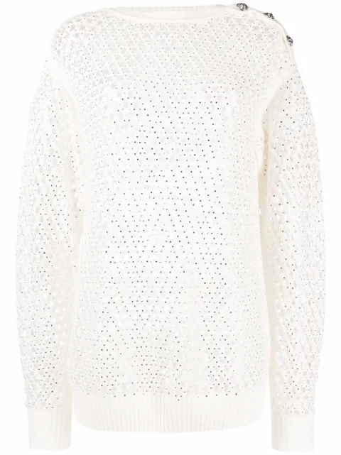 Philipp Plein pointelle-knit crystal-embellished jumper White FAACWKO0435PKN002N