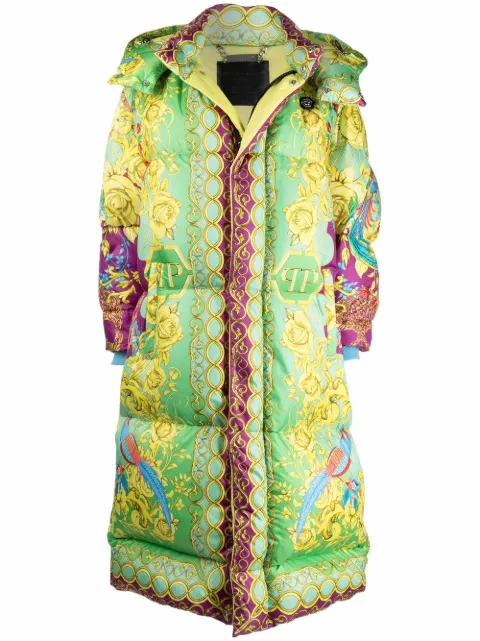 Philipp Plein baroque-print long padded jacket Green FAACWRB0869PNY002N