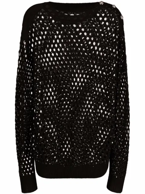 Philipp Plein crystal-embellished pointelle-knit jumper Black FAACWKO0435PKN002N