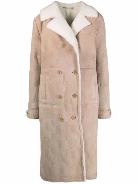 Philipp Plein monogram-embossed long shearling coat Neutrals FAACWLA0037PLE010N