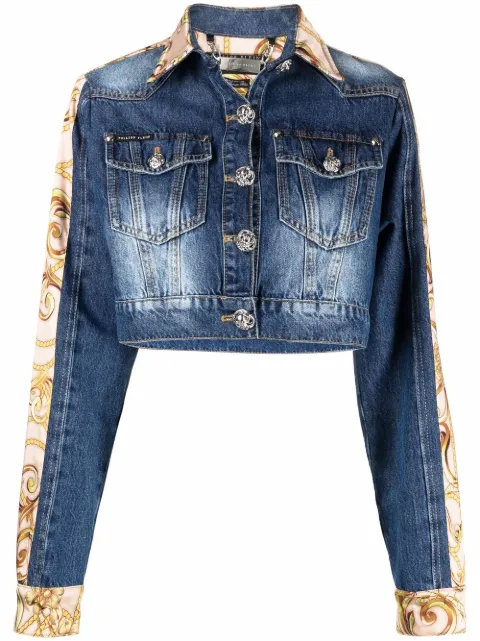 Philipp Plein baroque-print cropped denim jacket Blue FAACWDB0463PDE004N