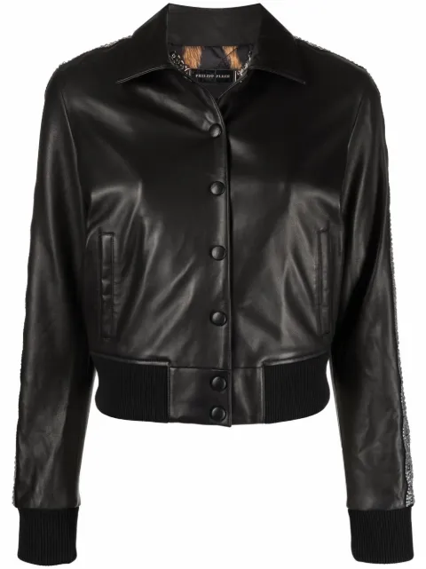 Philipp Plein crystal-embellished leather jacket Black FAACWLB0846PLE010N